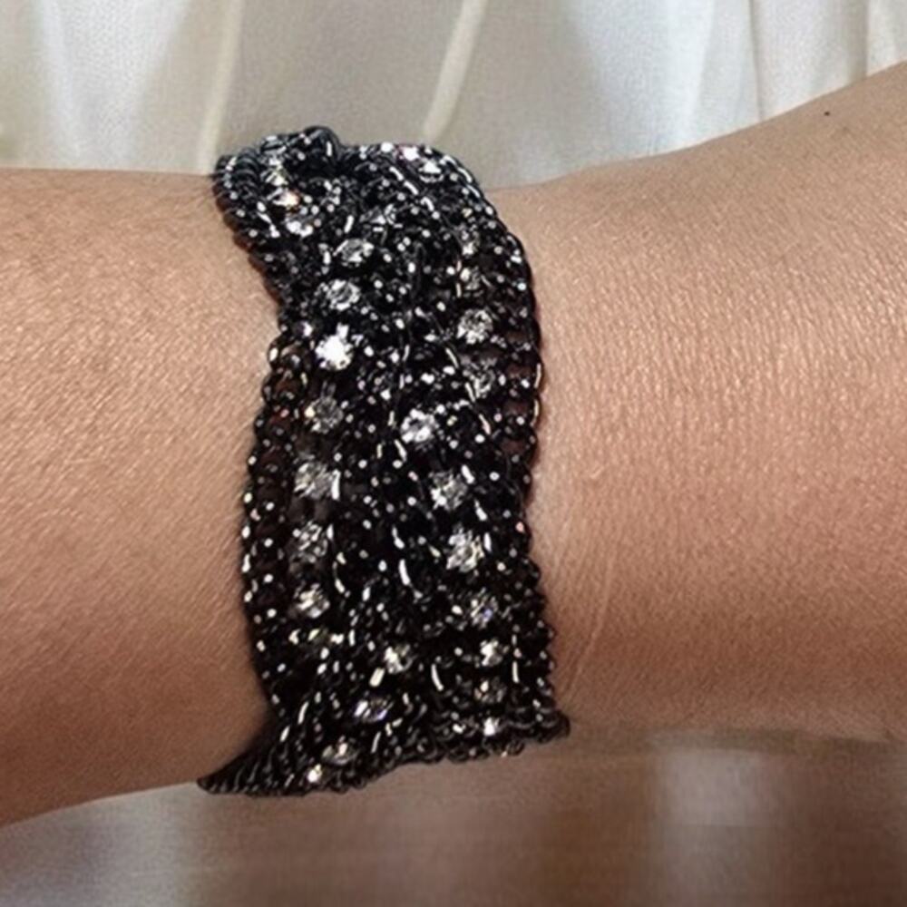 Black Braided Rhinestone Statement Bracelet Multi Row - Dark Glam